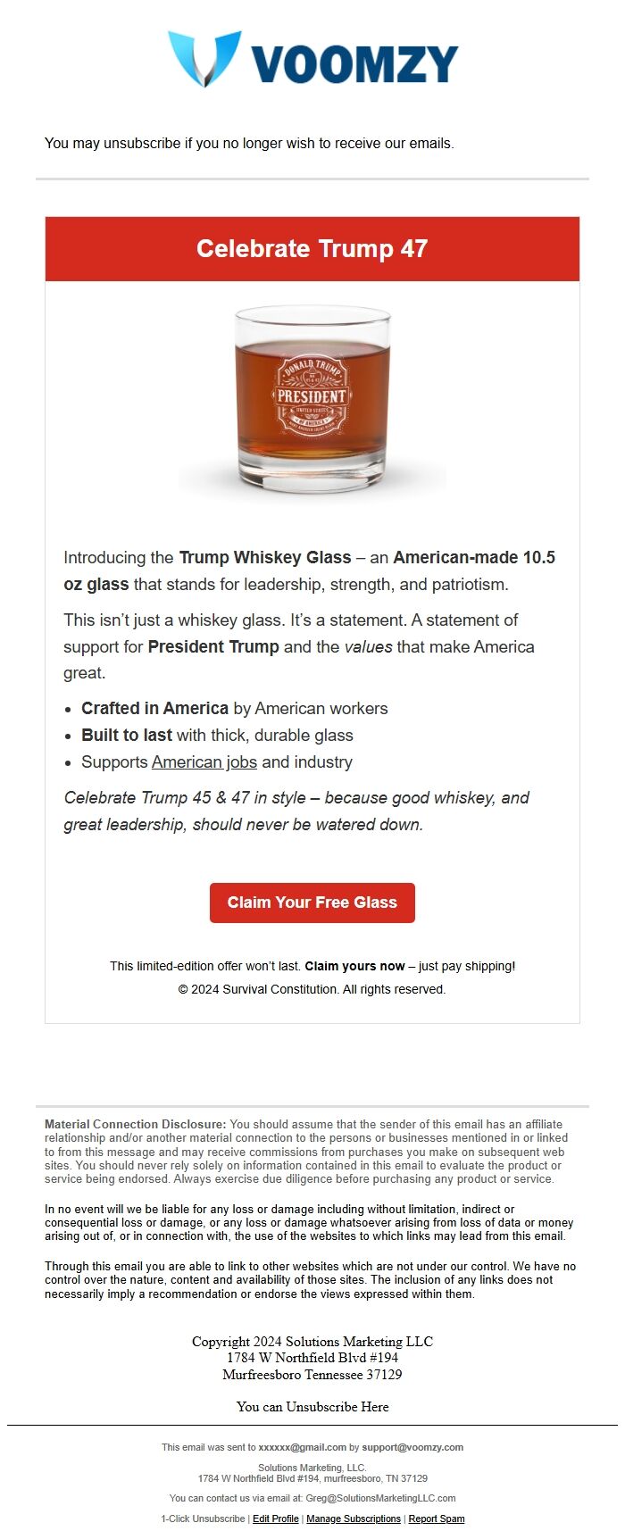 Screenshot of the email generated on import