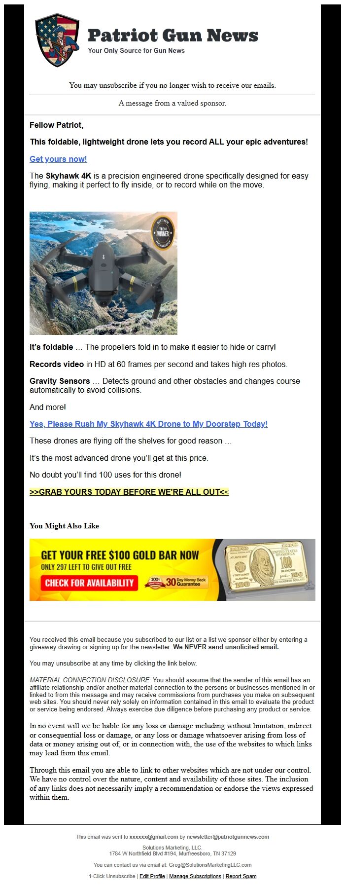 Screenshot of the email generated on import