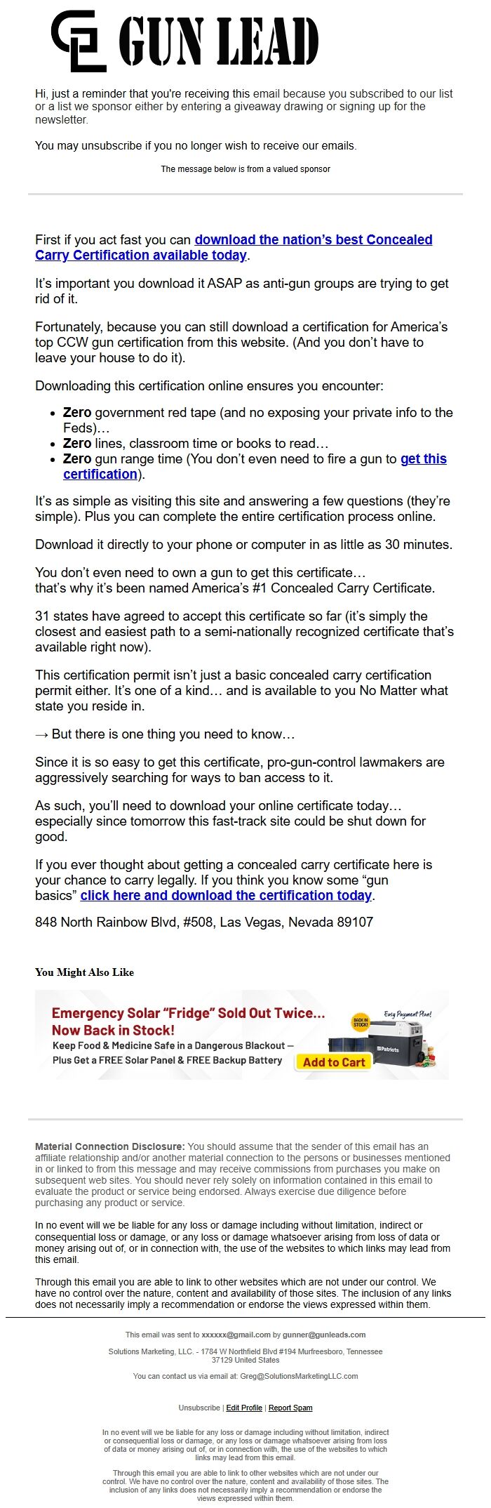 Screenshot of the email generated on import