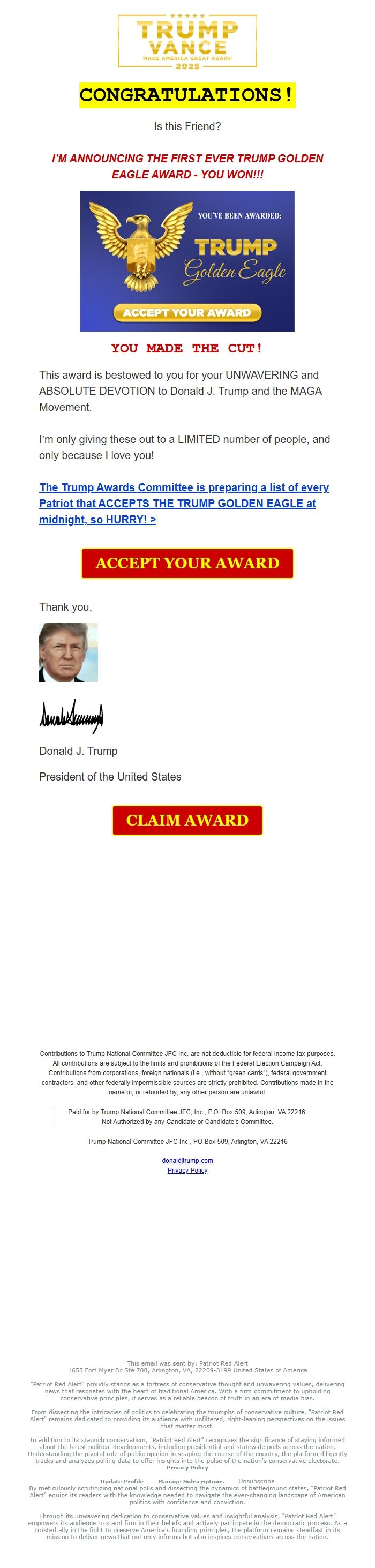 Screenshot of the email generated on import
