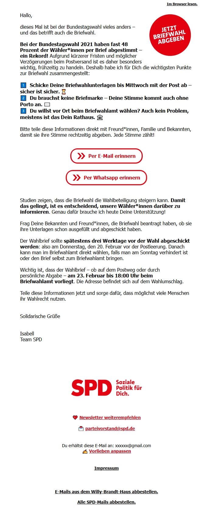 Screenshot of the email generated on import