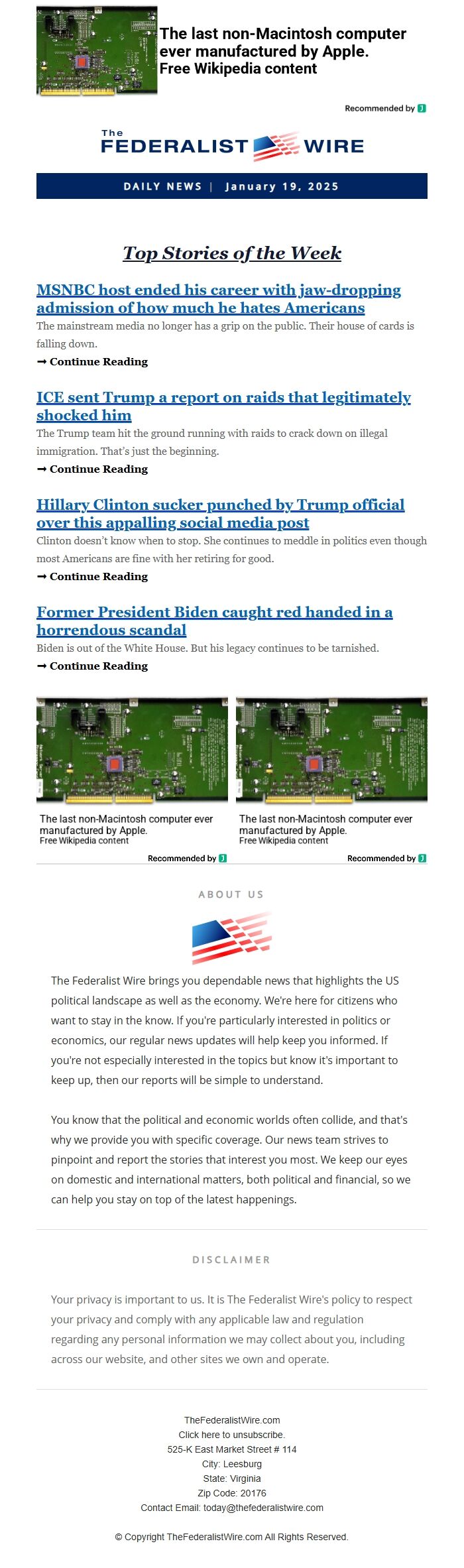 Screenshot of the email generated on import
