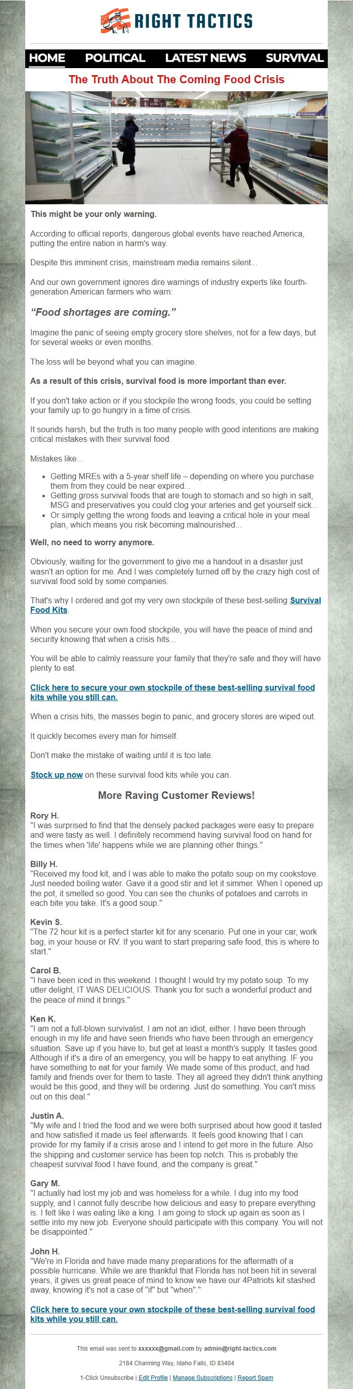 Screenshot of the email generated on import