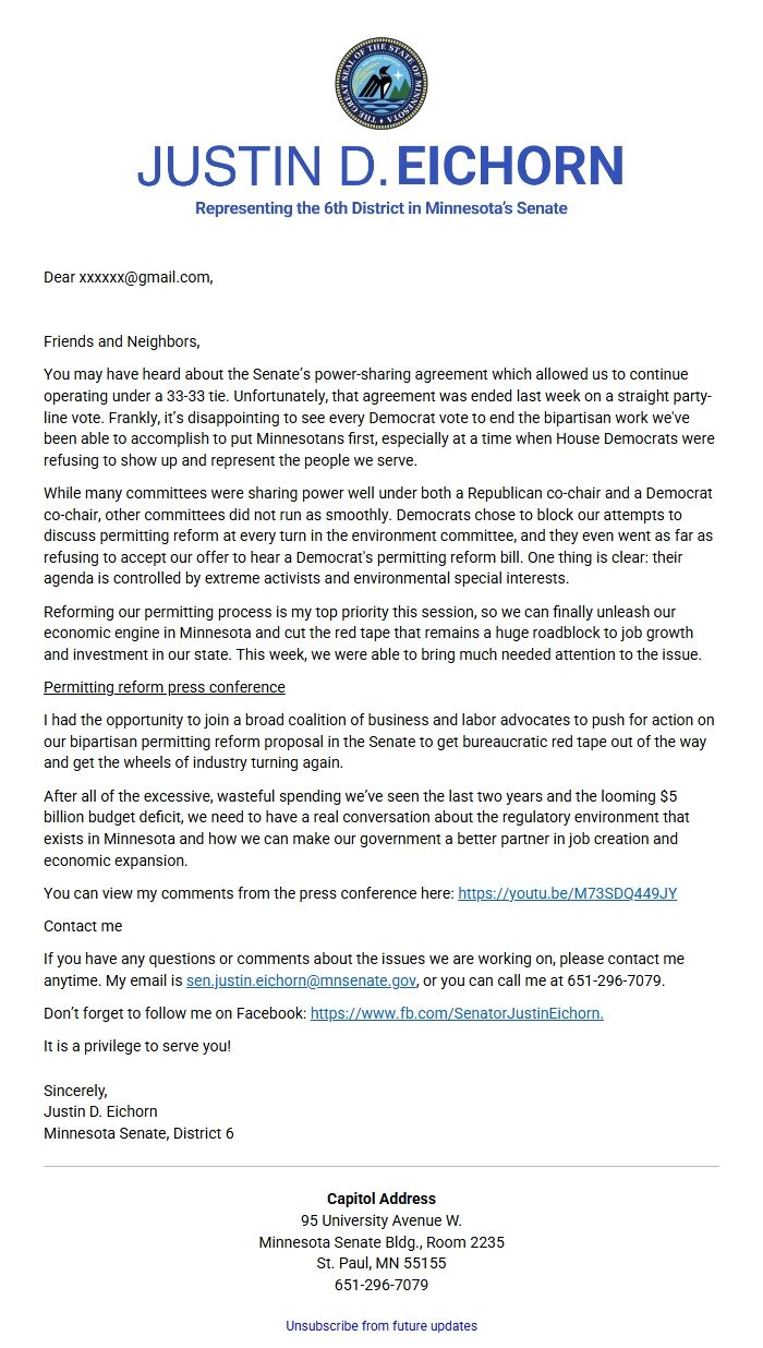 Screenshot of the email generated on import