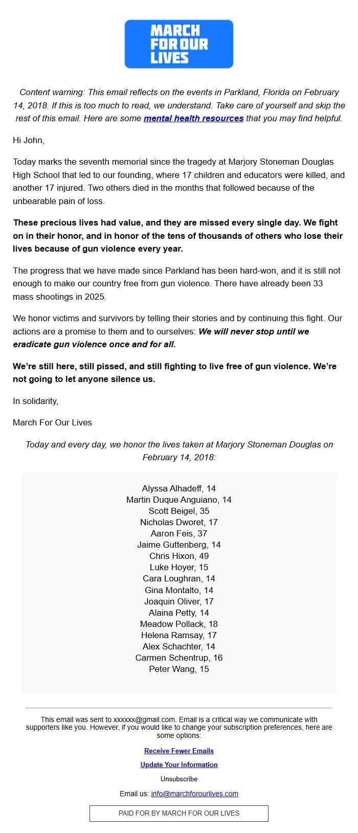 Screenshot of the email generated on import