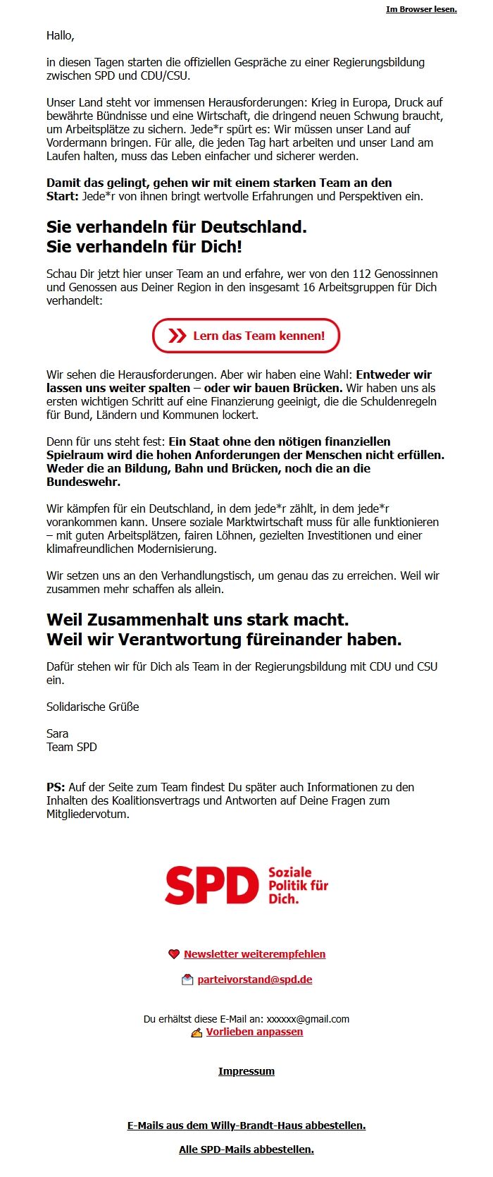Screenshot of the email generated on import