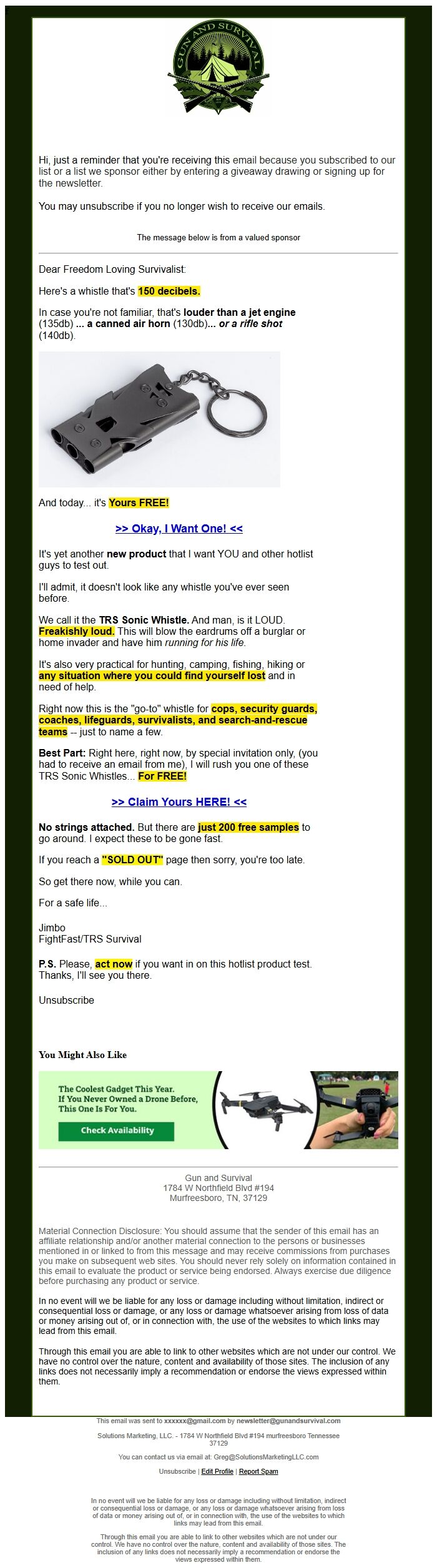 Screenshot of the email generated on import
