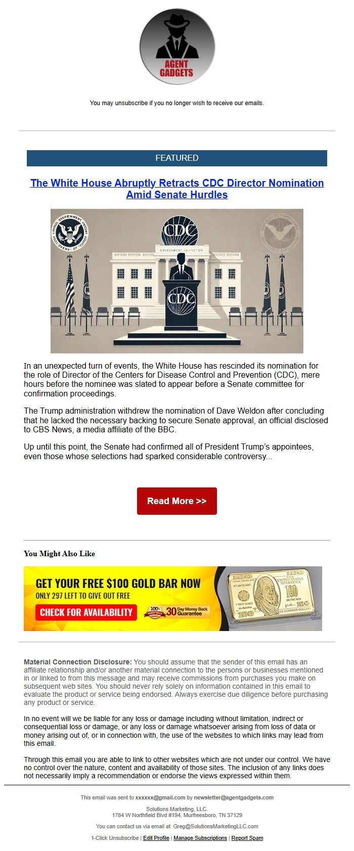Screenshot of the email generated on import