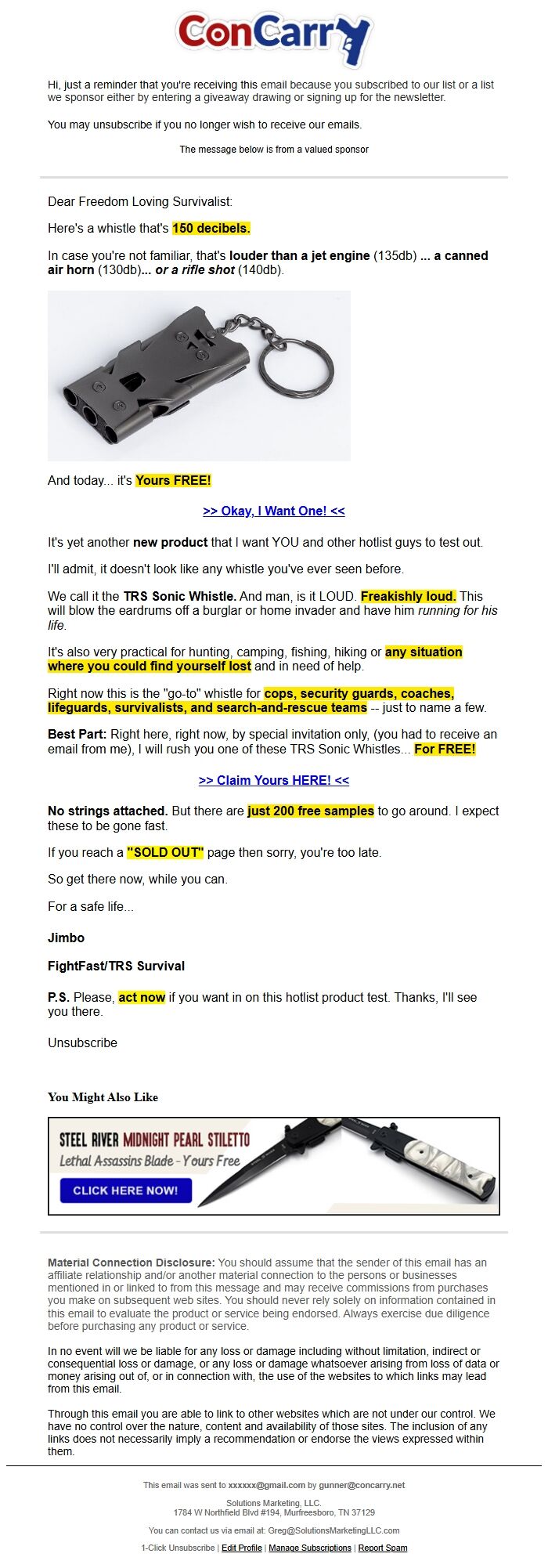Screenshot of the email generated on import