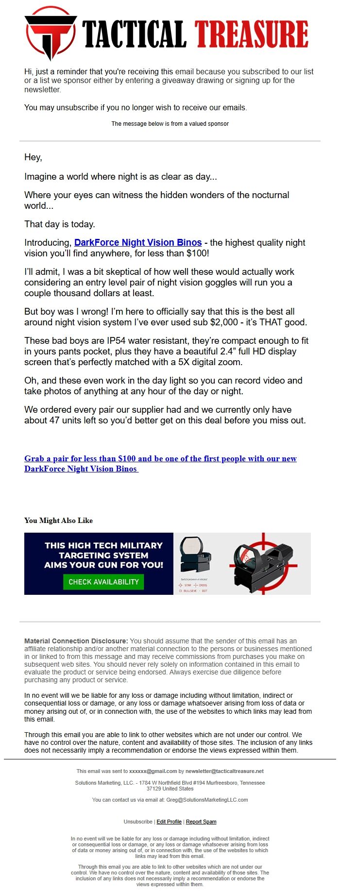 Screenshot of the email generated on import