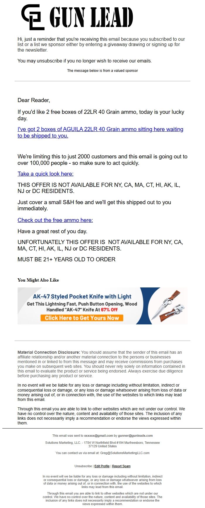 Screenshot of the email generated on import