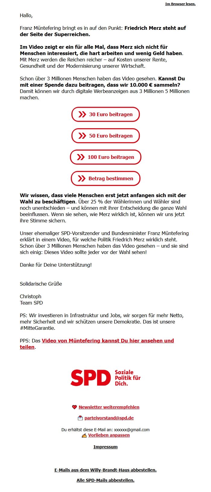 Screenshot of the email generated on import