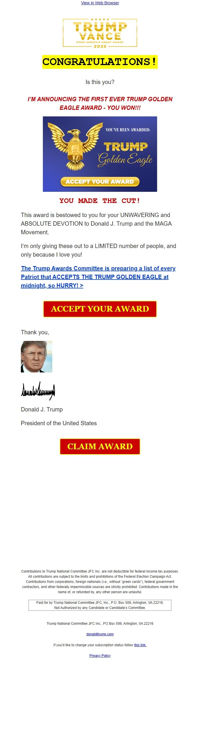 Screenshot of the email generated on import