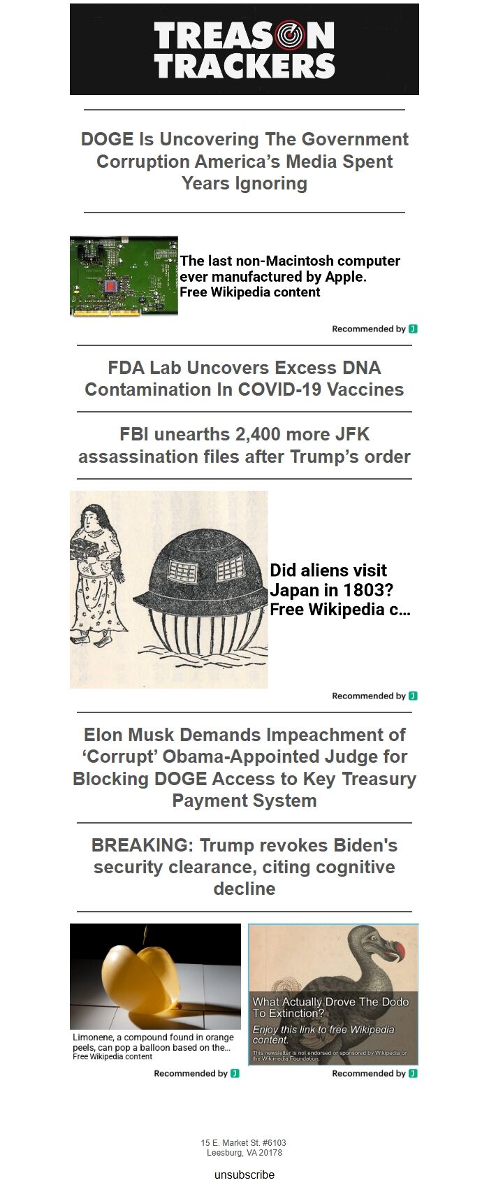 Screenshot of the email generated on import