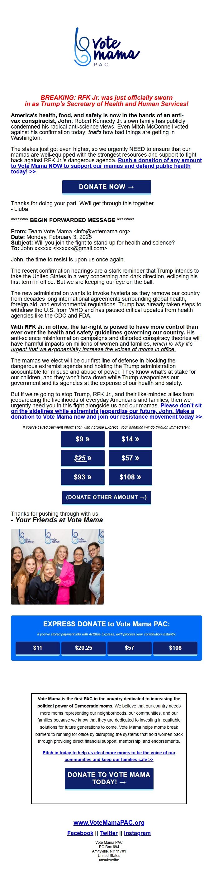 Screenshot of the email generated on import
