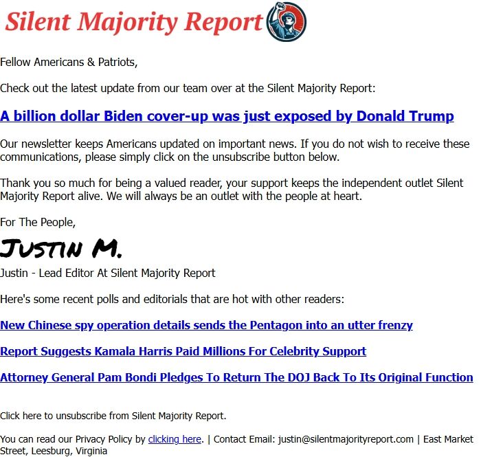Screenshot of the email generated on import