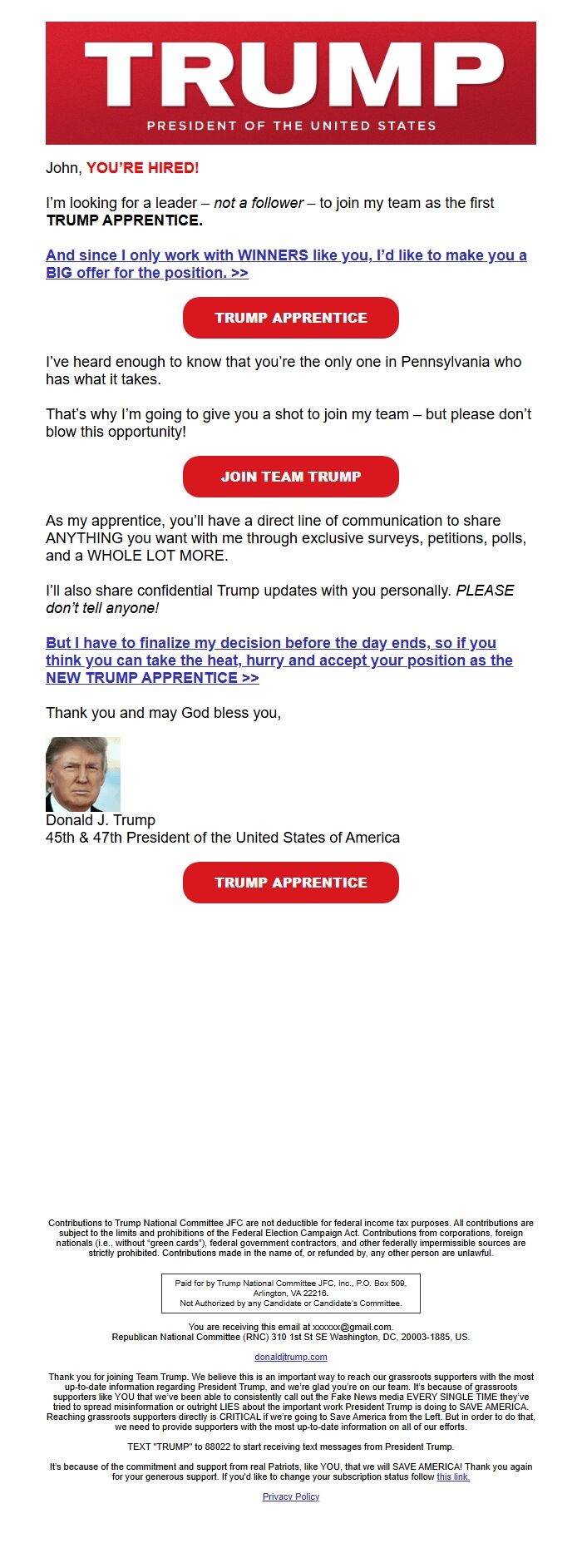 Screenshot of the email generated on import