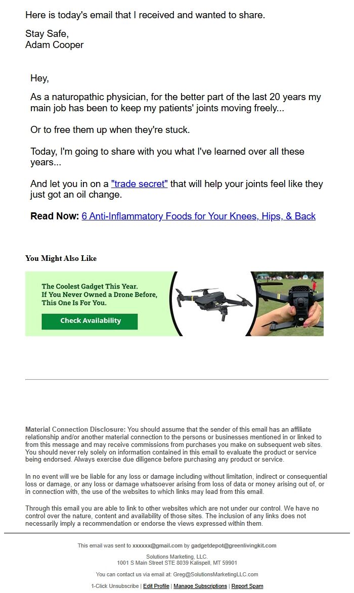 Screenshot of the email generated on import