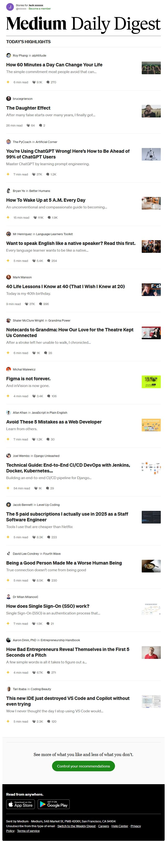 Screenshot of the email generated on import
