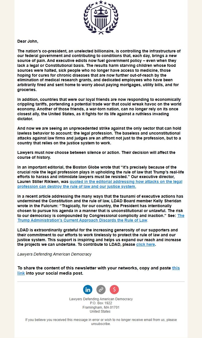Screenshot of the email generated on import