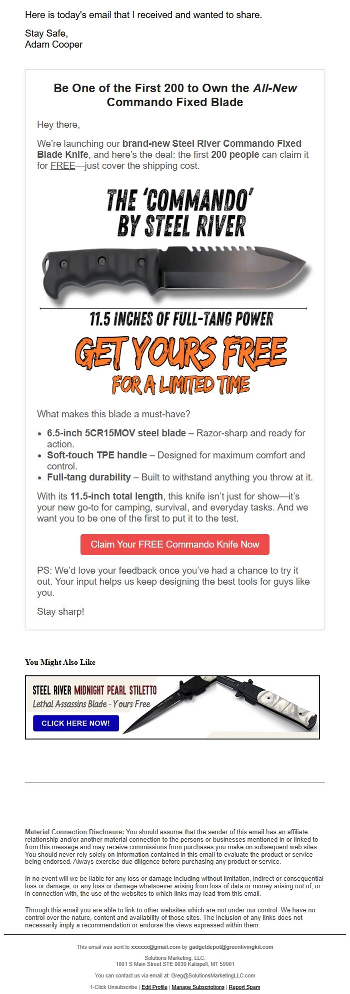 Screenshot of the email generated on import