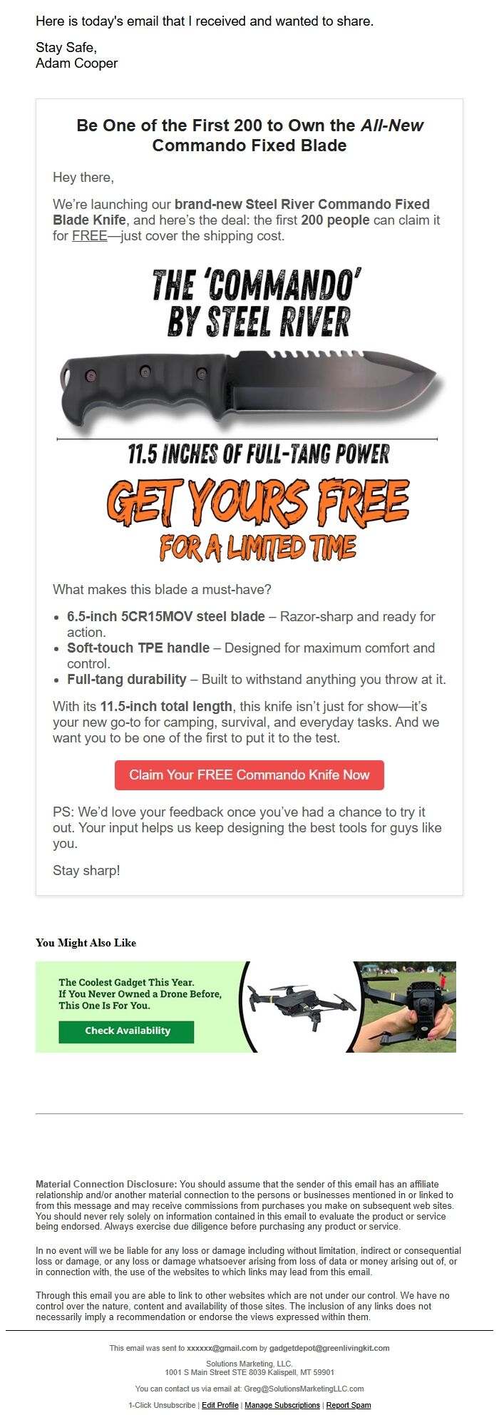 Screenshot of the email generated on import