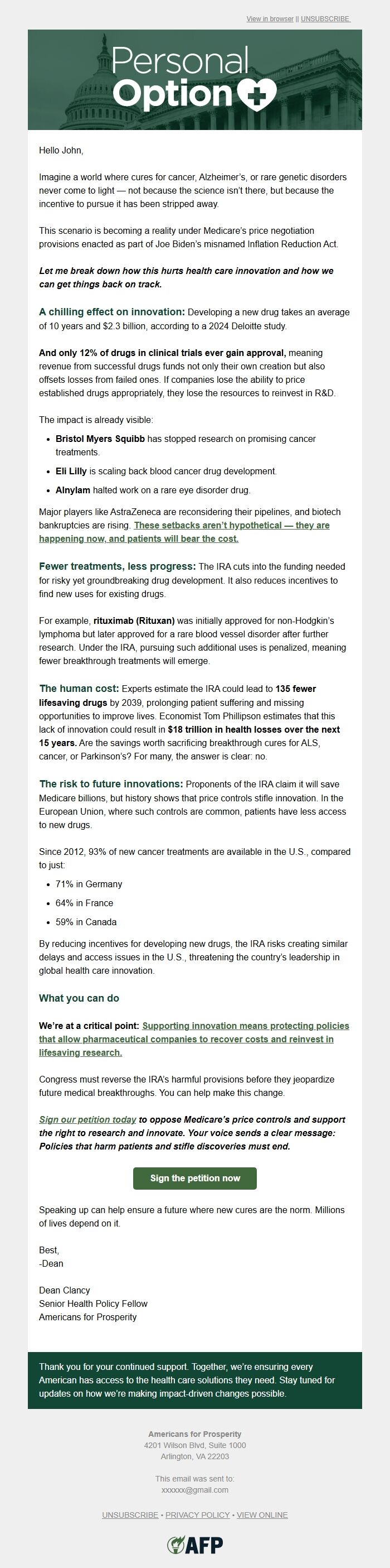Screenshot of the email generated on import