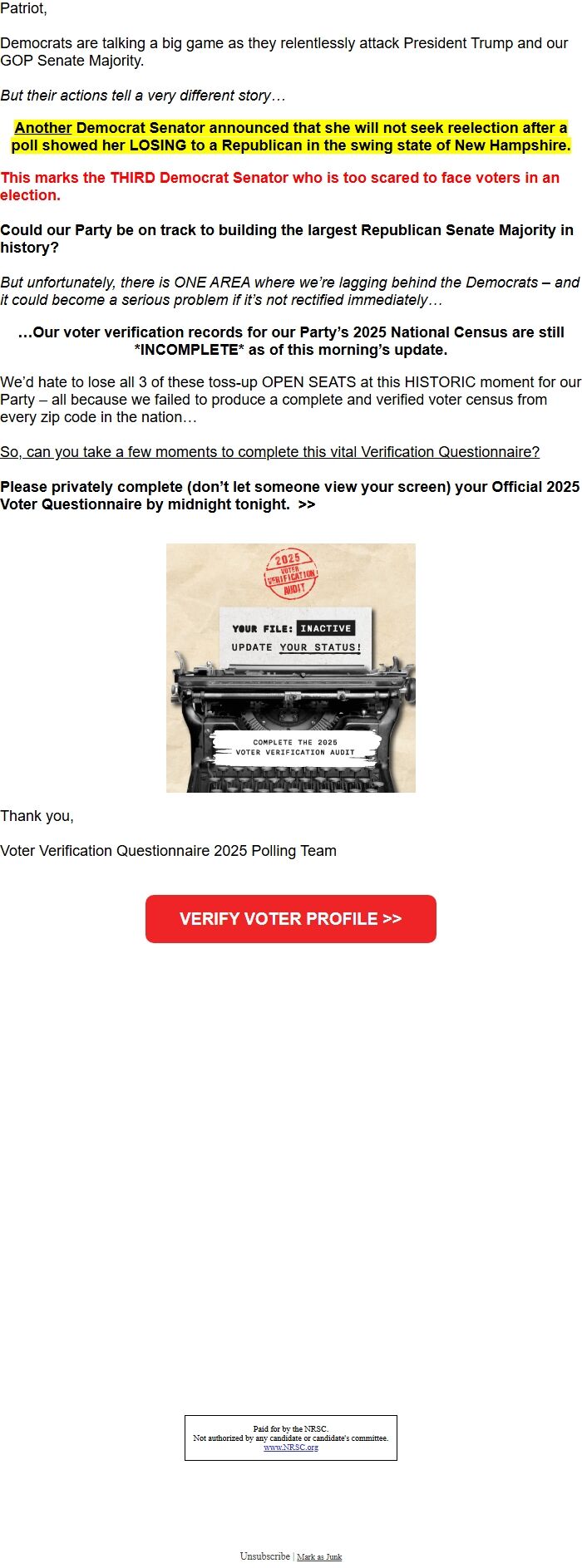 Screenshot of the email generated on import