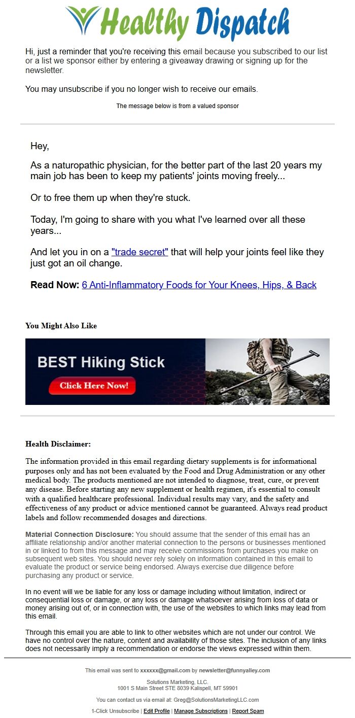 Screenshot of the email generated on import