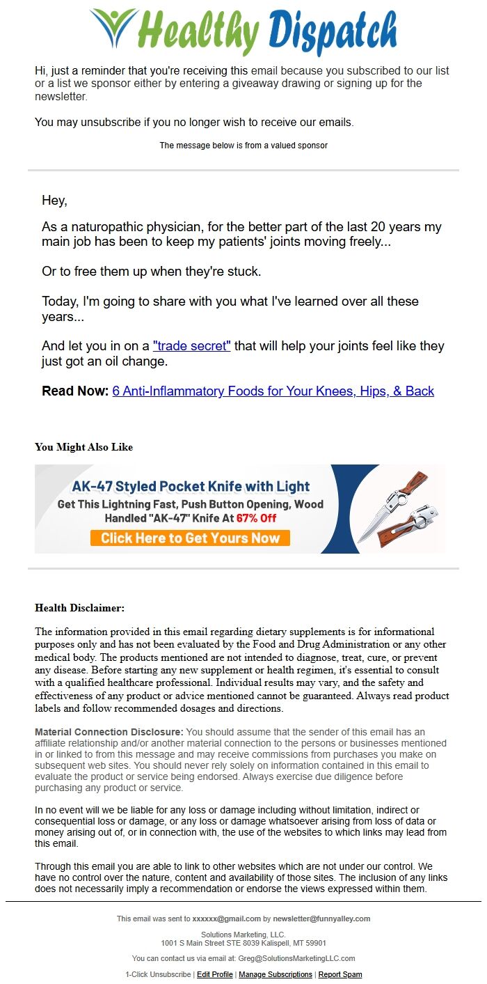 Screenshot of the email generated on import