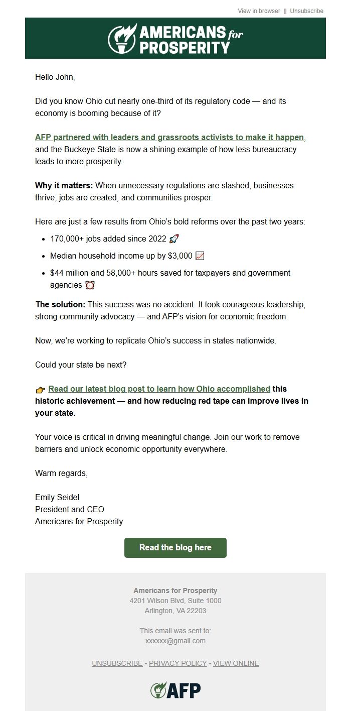 Screenshot of the email generated on import