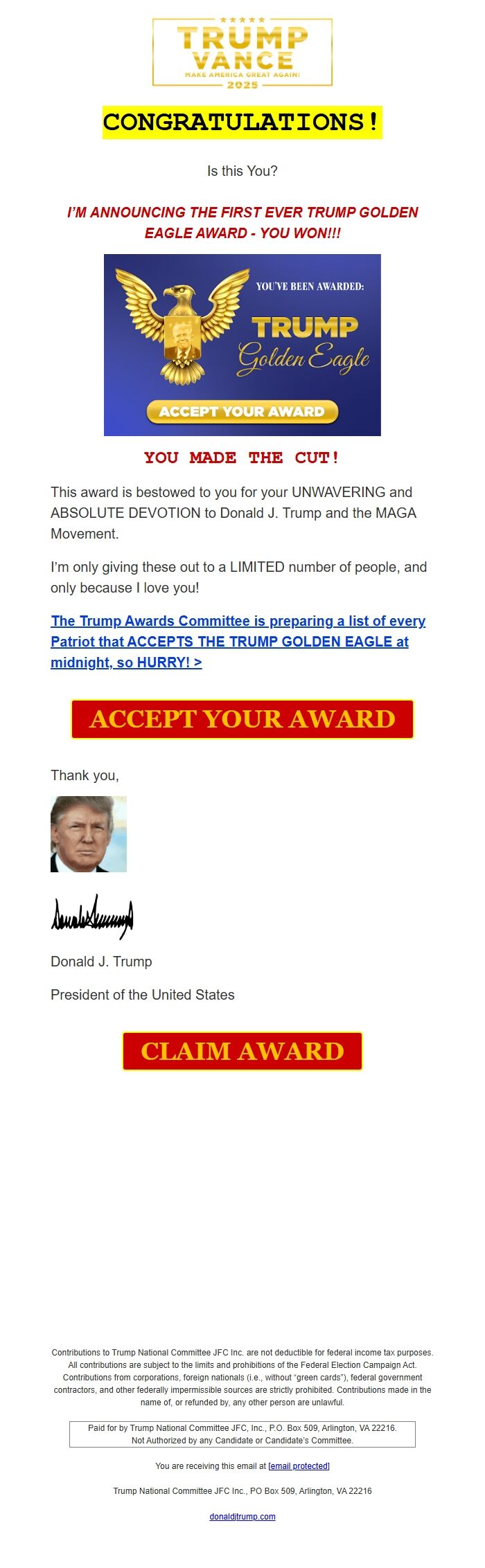 Screenshot of the email generated on import