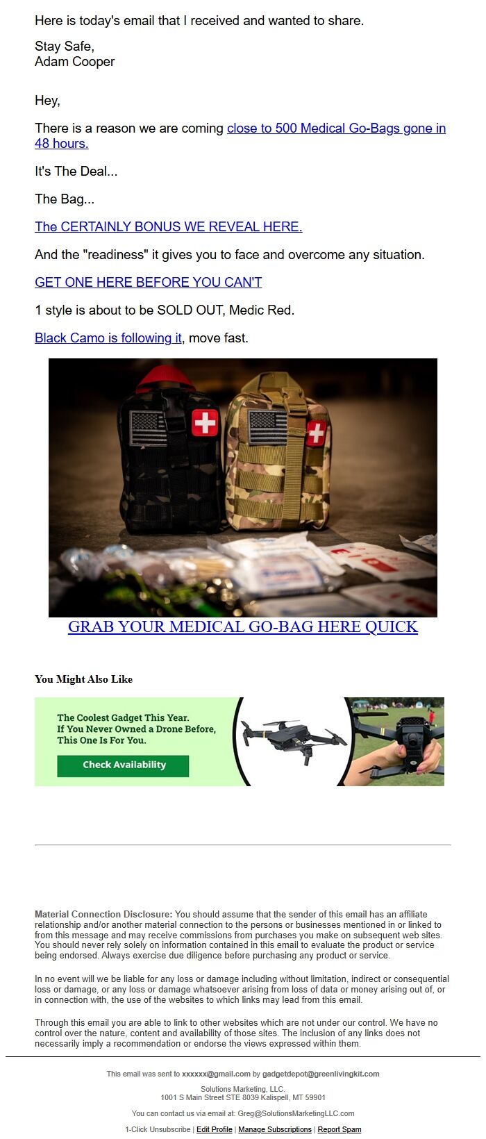 Screenshot of the email generated on import