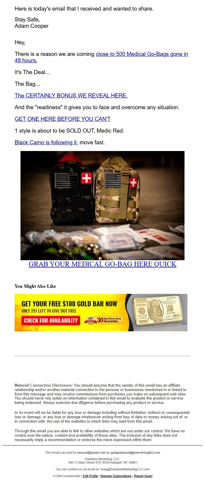 Screenshot of the email generated on import