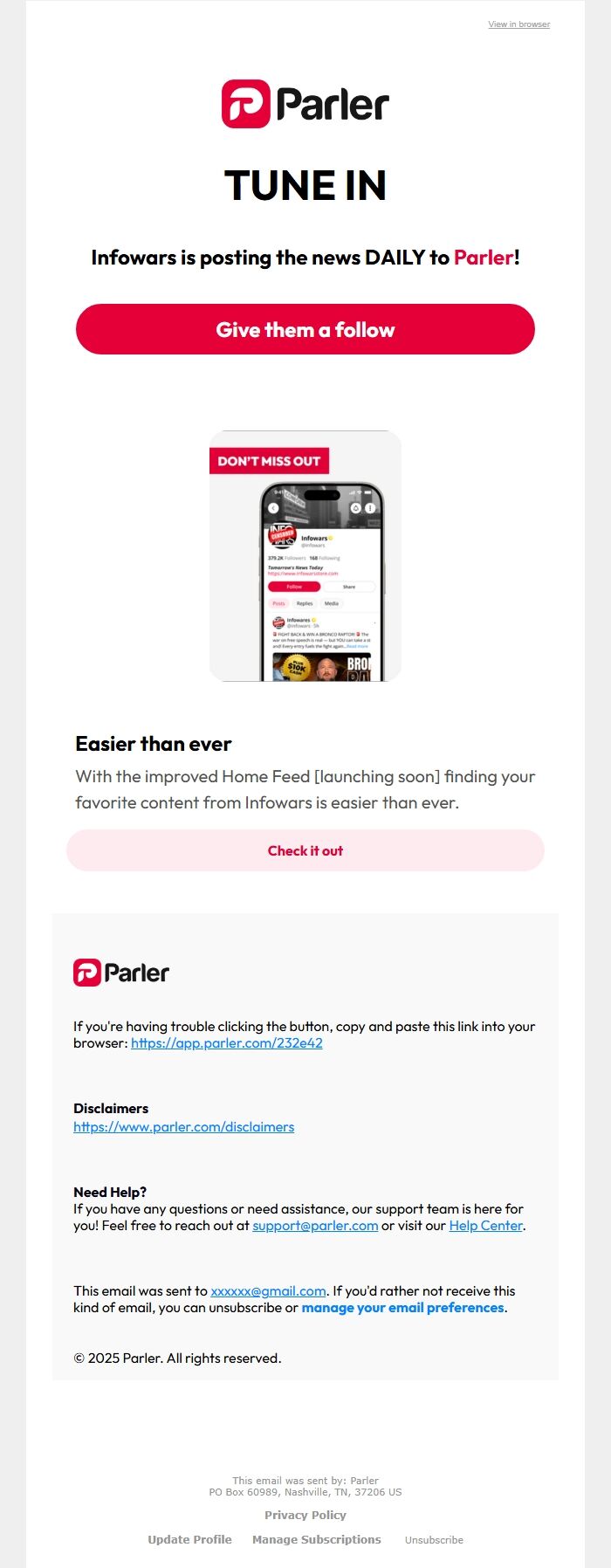 Screenshot of the email generated on import
