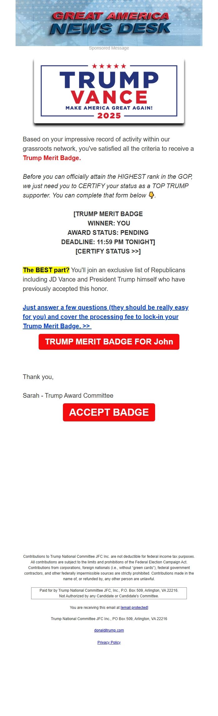 Screenshot of the email generated on import