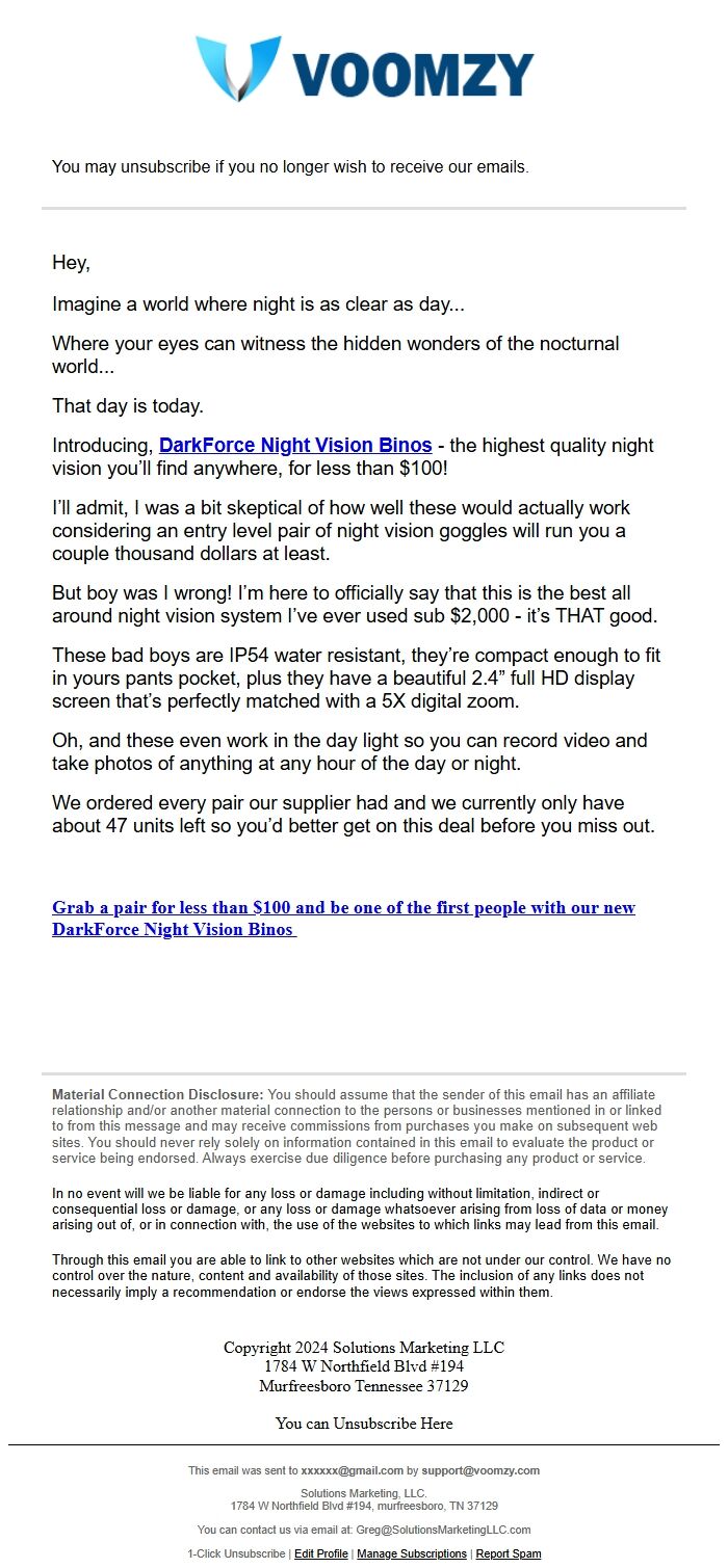 Screenshot of the email generated on import