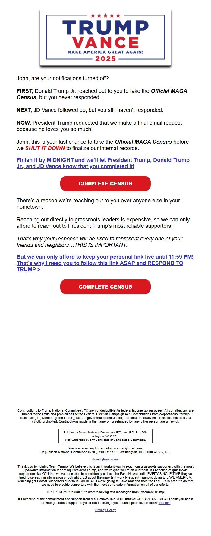 Screenshot of the email generated on import