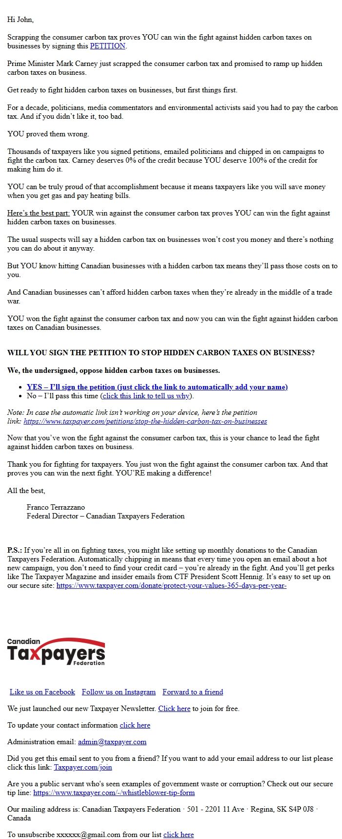 Screenshot of the email generated on import