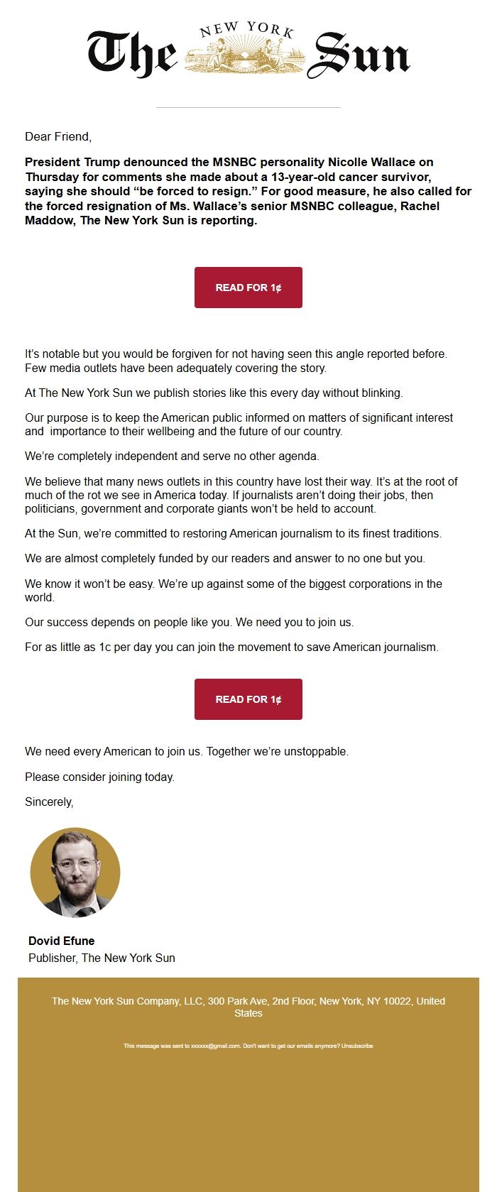 Screenshot of the email generated on import