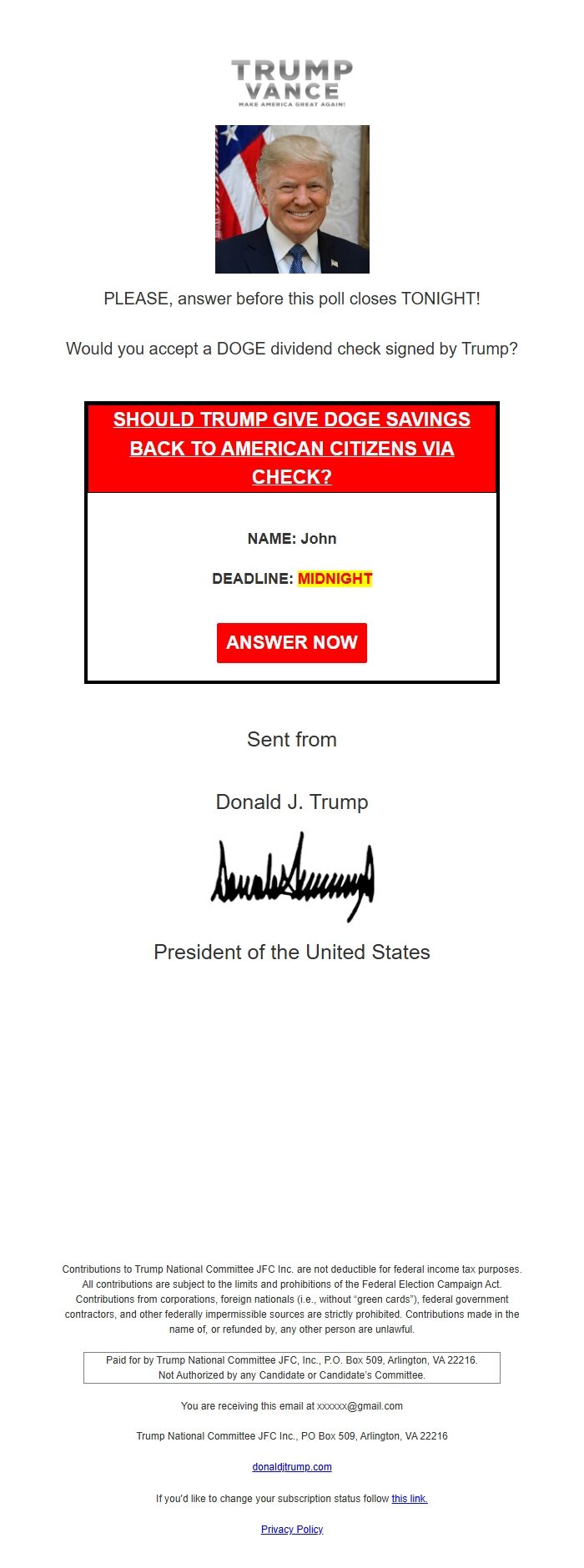 Screenshot of the email generated on import