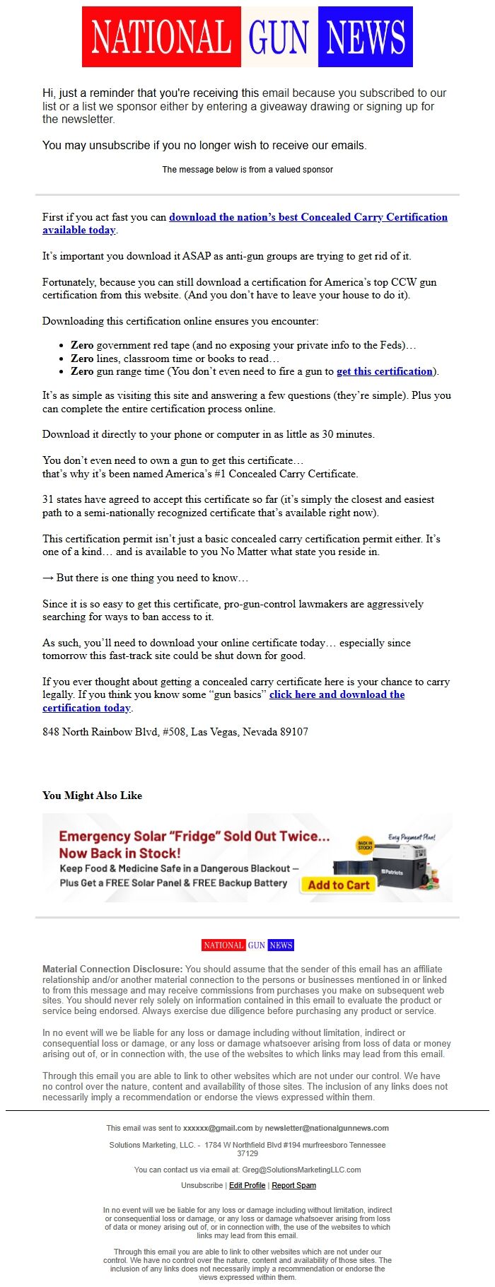 Screenshot of the email generated on import
