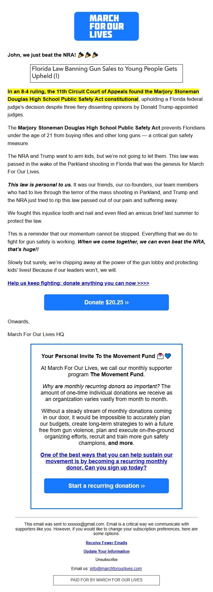 Screenshot of the email generated on import