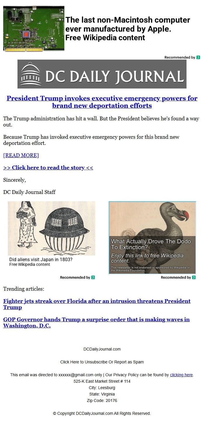 Screenshot of the email generated on import