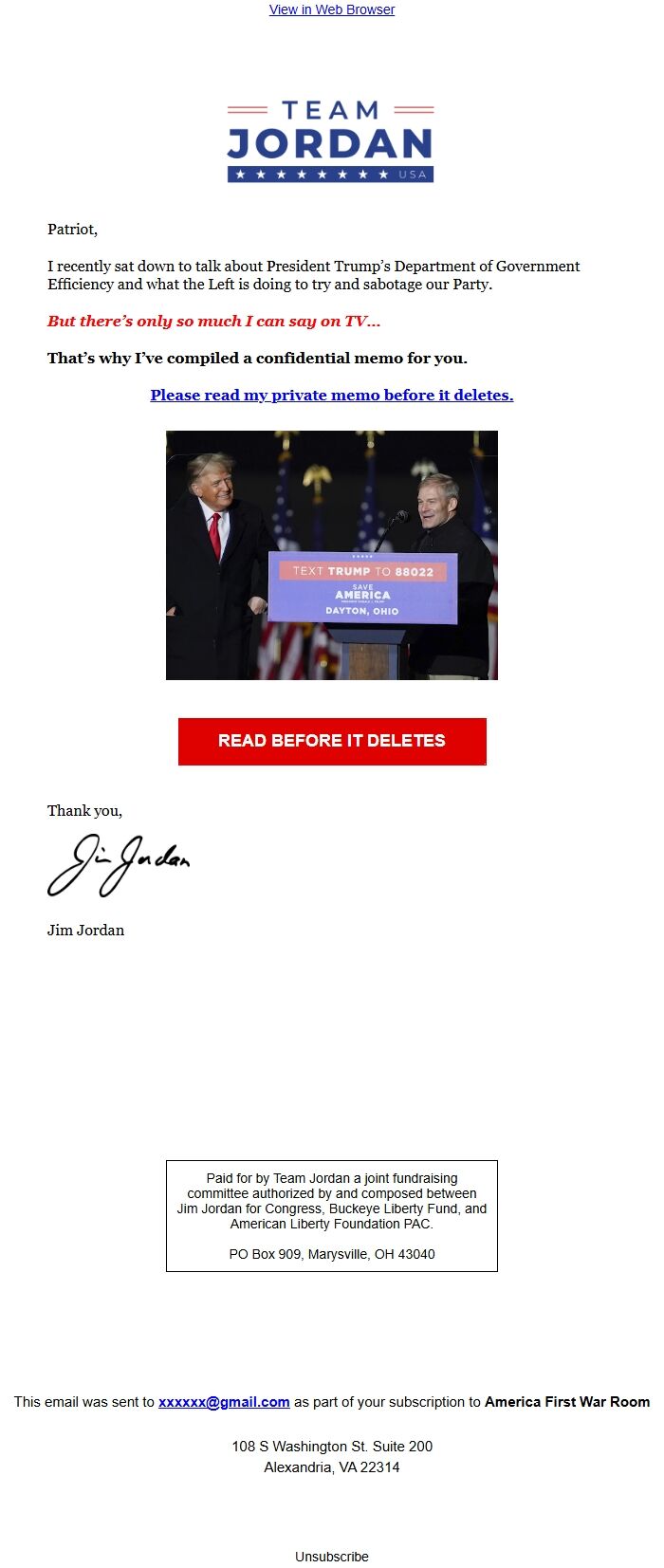 Screenshot of the email generated on import