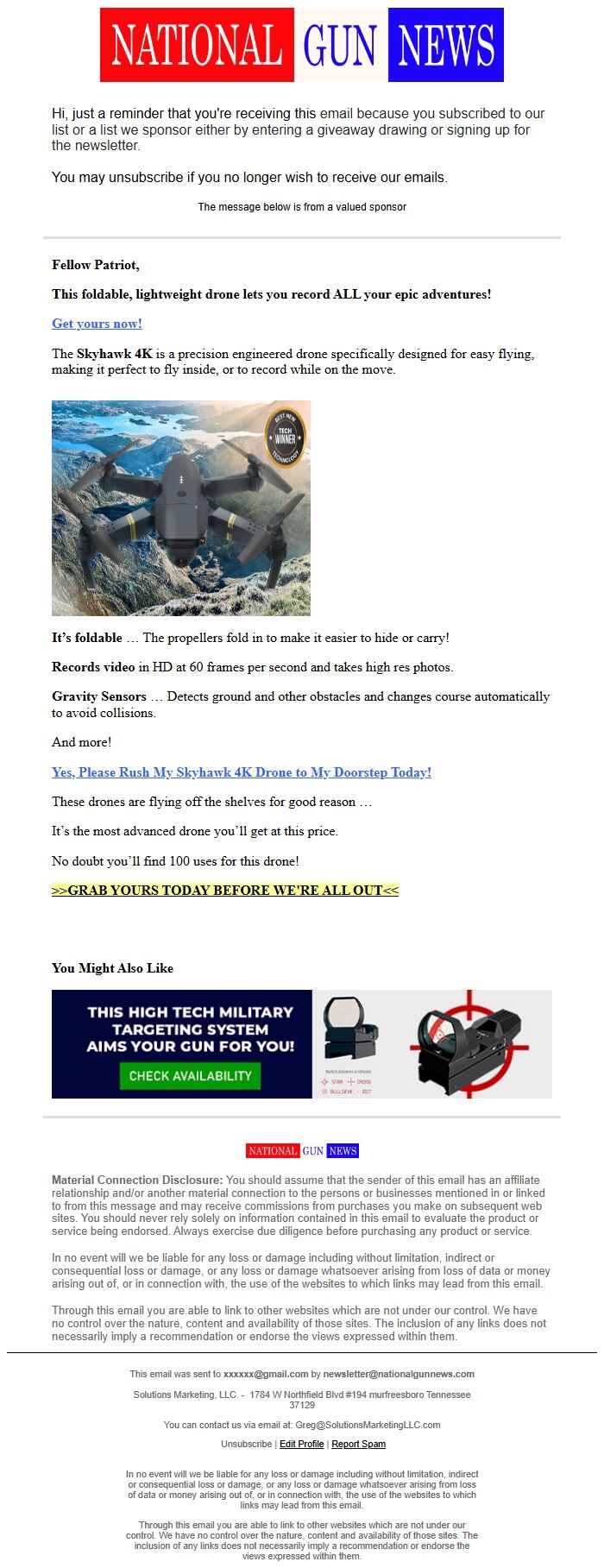 Screenshot of the email generated on import