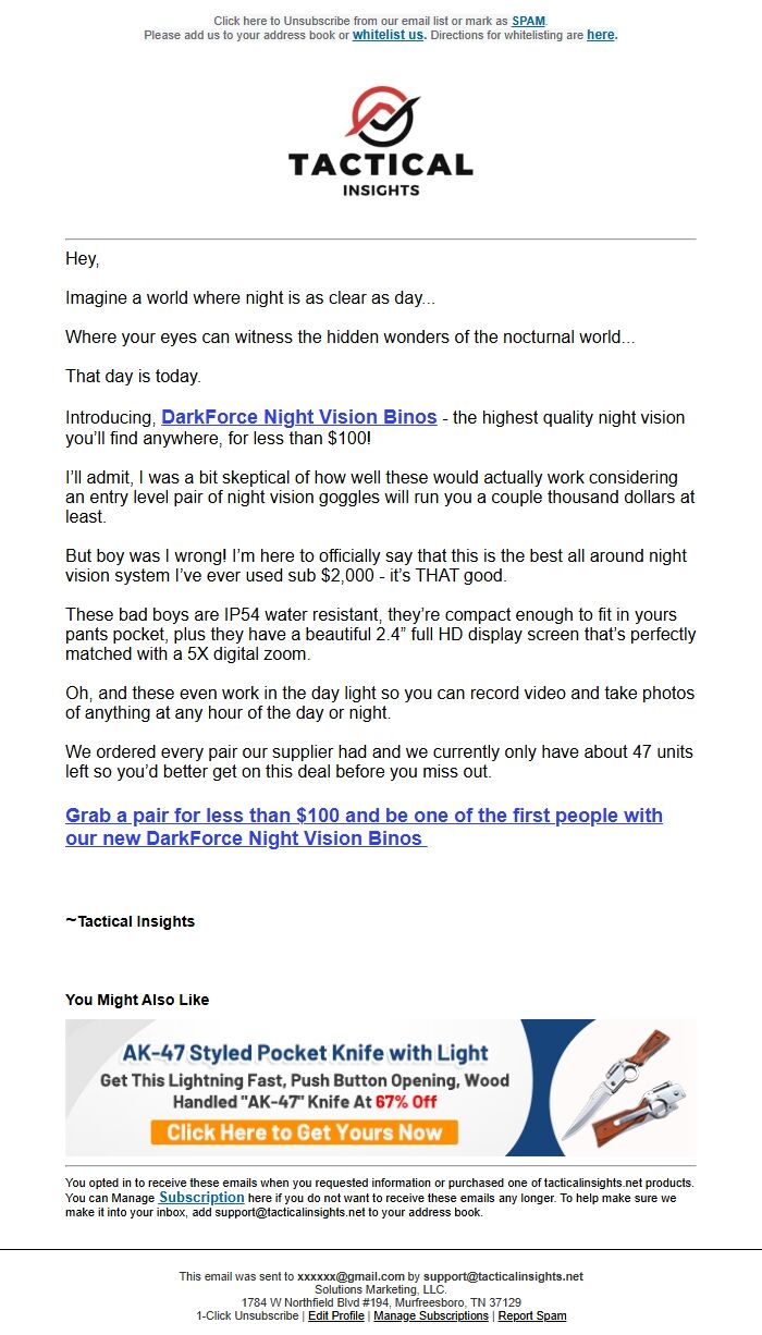 Screenshot of the email generated on import