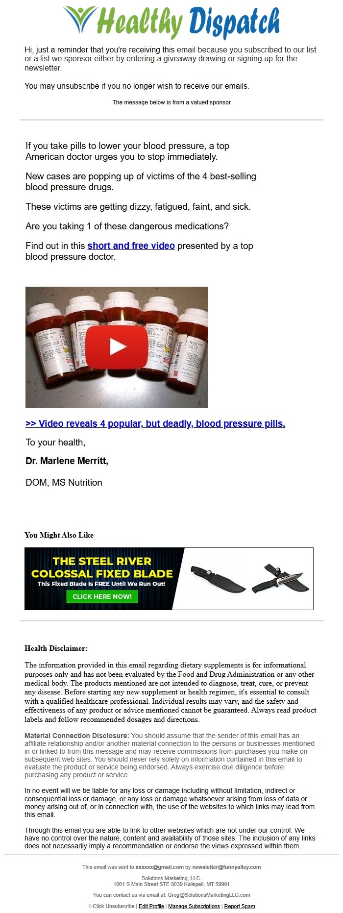 Screenshot of the email generated on import