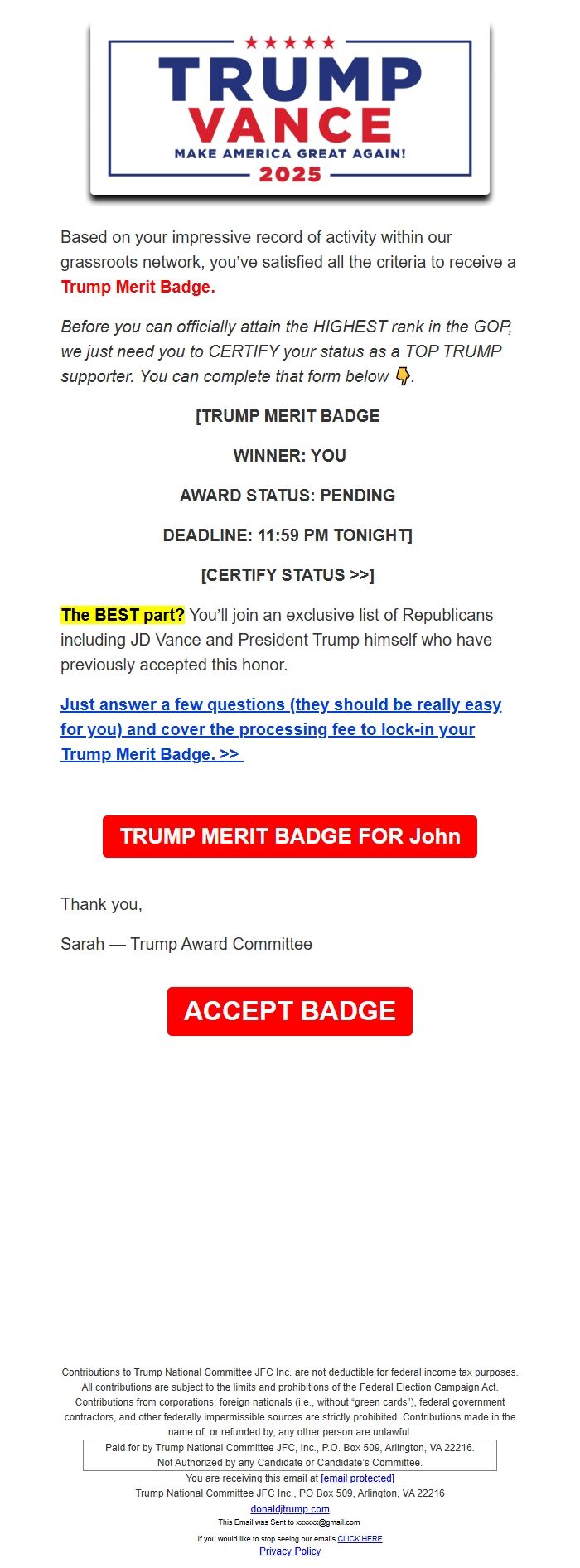 Screenshot of the email generated on import