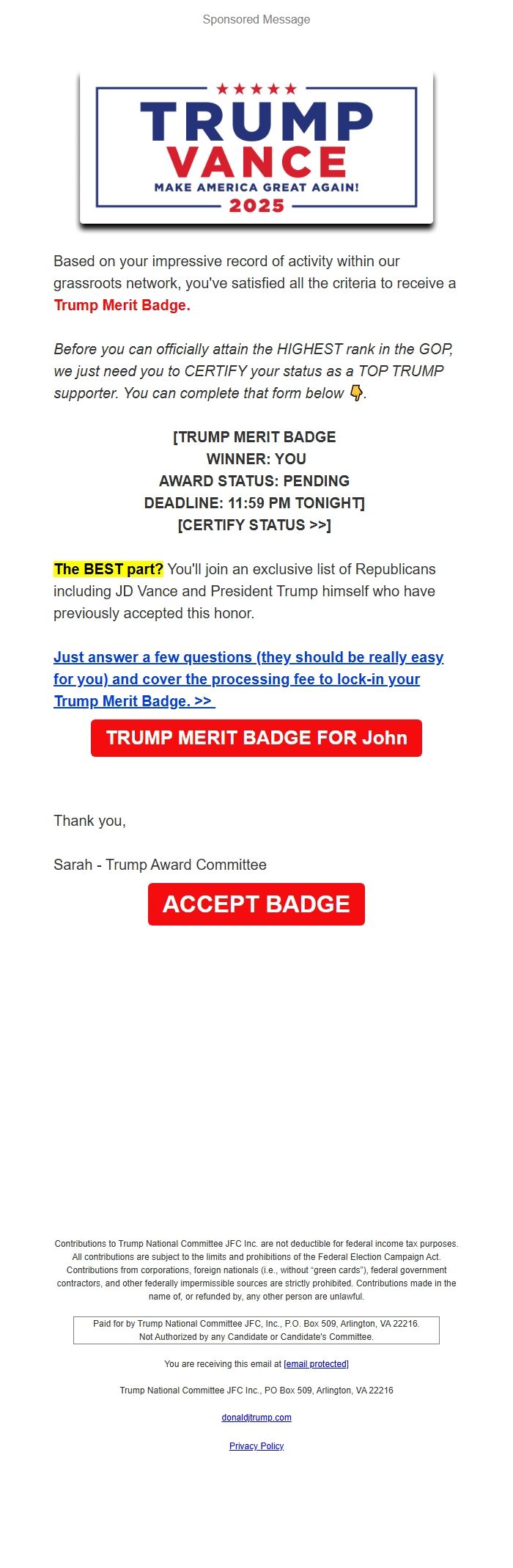 Screenshot of the email generated on import